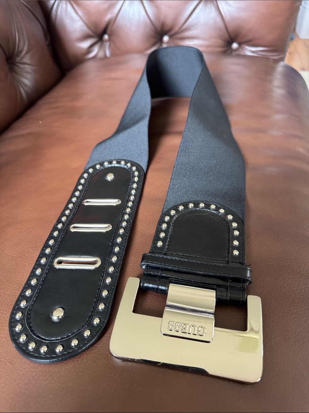 GUESS Black Studded Elastic Belt with Silver Buckle